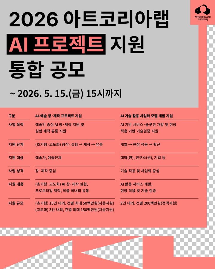 아트코리아랩 '2026 AI 프로젝트 지원' 공모 포스터. (이미지=아트코리아랩 제공) *재판매 및 DB 금지