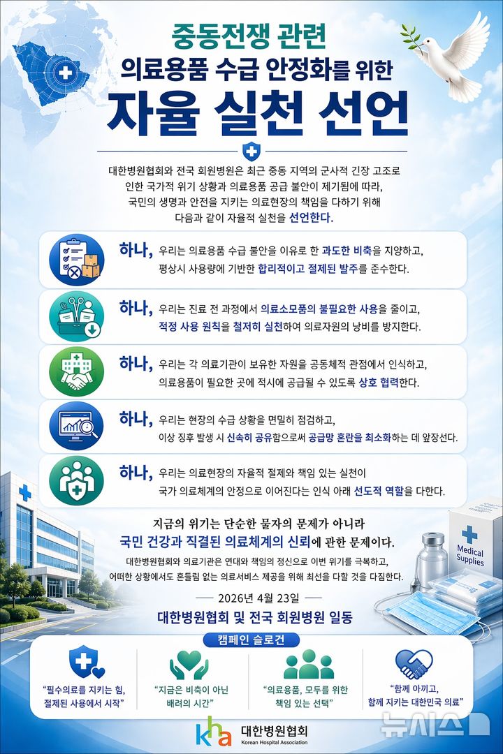 [서울=뉴시스] 병원들이 중동전쟁 관련 의료용품 수급 안정화를 위해 자율실천을 선언했다. (사진= 대한병원협회 제공)