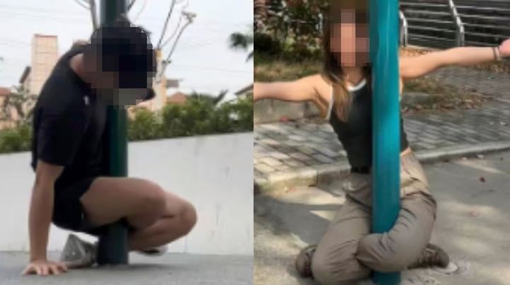 [서울=뉴시스] 지난 22일 홍콩 사우스차이나모닝포스트(SCMP)는 중국 여성 A씨가 최근 온라인에서 유행한 '셀프 탈출 챌린지'에 도전했다가 가로등에 다리가 끼어 경찰에 구조를 요청했다고 보도했다. 중국에서는 가로등 기둥에 다리를 꼬고 앉은 자세를 유지한 뒤 스스로 빠져나오는 챌린지가 유행하는 중인데, 안전 사고 위험이 높다는 지적이 제기됐다. (사진=시나닷컴 캡처)