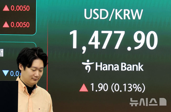 [서울=뉴시스] 박주성 기자 = 23일 오전 서울 중구 하나은행 딜링룸에서 딜러들이 업무를 하고 있다. 2026.04.23. park7691@newsis.com