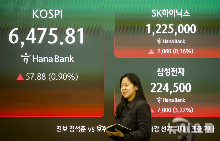 [서울=뉴시스] 정병혁 기자 = 23일 서울 중구 하나은행 딜링룸에서 직원들이 업무를 보고 있다. 이날 코스피는 전 거래일(6417.93)보다 57.88포인트(0.90%) 상승한 6475.81에, 코스닥 지수는 전 거래일(1181.12)보다 6.81포인트(0.58%) 하락한 1174.31에 마쳤다. 삼성전자는 전 날보다 7000원 오른 22만4500원에, SK하이닉스는 전 날보다 2000원 오른 122만5000원에 거래를 마쳤다. 2026.04.23. jhope@newsis.com