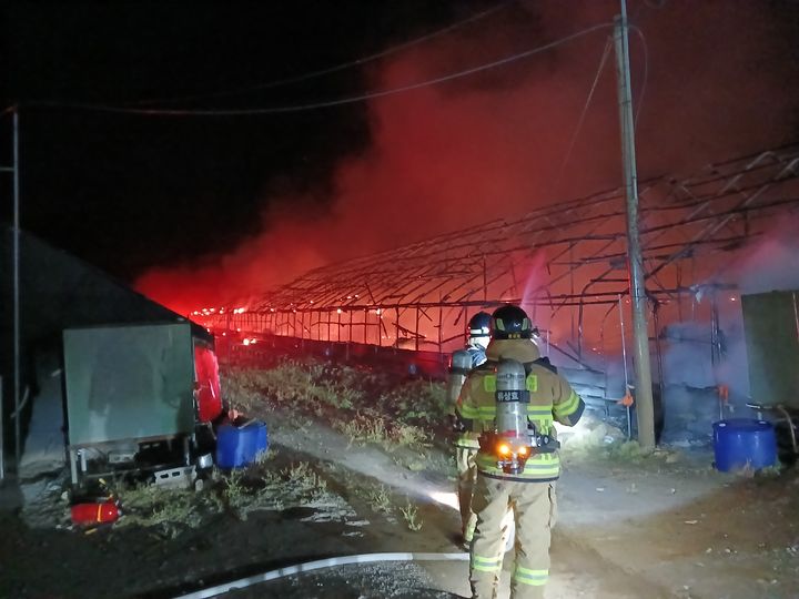 [의성=뉴시스] 의성군 안평면 양계장에서 발생한 화재를 진화하고 있다. (사진=경북소방본부 제공) 2026.04.24. photo@newsis.com *재판매 및 DB 금지