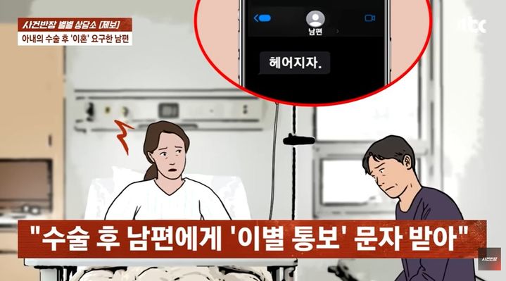 [서울=뉴시스] 암 수술 직후 남편에게 이혼 통보 문자 메시지를 받은 여성의 사연이 공개됐다. (사진=JTBC '사건반장') *재판매 및 DB 금지