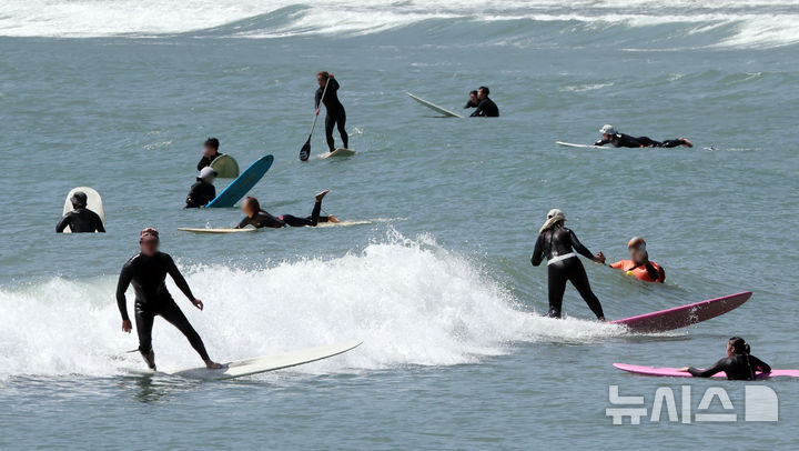  [부산=뉴시스] 하경민 기자 = 포근한 날씨를 보인 24일 부산 해운대구 송정해수욕장에서 서퍼들이 높은 파도를 즐기고 있다. 2026.04.24. yulnetphoto@newsis.com