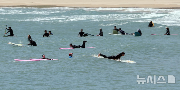  [부산=뉴시스] 하경민 기자 = 포근한 날씨를 보인 24일 부산 해운대구 송정해수욕장에서 서퍼들이 높은 파도를 즐기고 있다. 2026.04.24. yulnetphoto@newsis.com