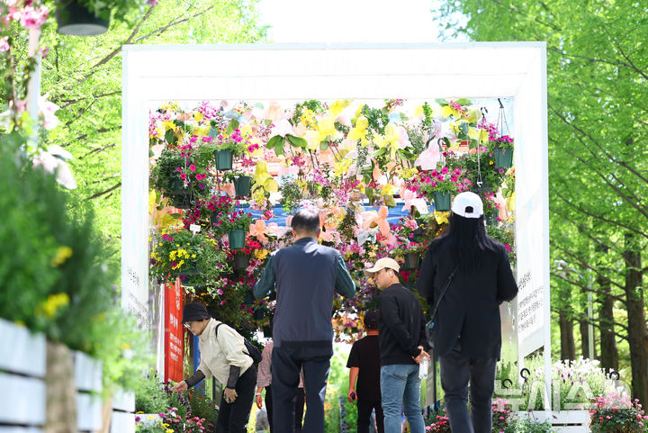 [고양=뉴시스] 황준선 기자 = 24일 경기 고양시 일산호수공원에서 개막한 2026 고양국제꽃박람회를 찾은 관람객들이 꽃을 관람하고 있다.  2026.04.24. hwang@newsis.com