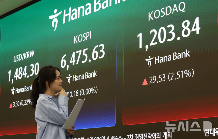 [서울=뉴시스] 이영환 기자 = 지난 24일 오후 서울 중구 하나은행 딜링룸 전광판에 종가가 표시되어 있다. 2026.04.24. 20hwan@newsis.com