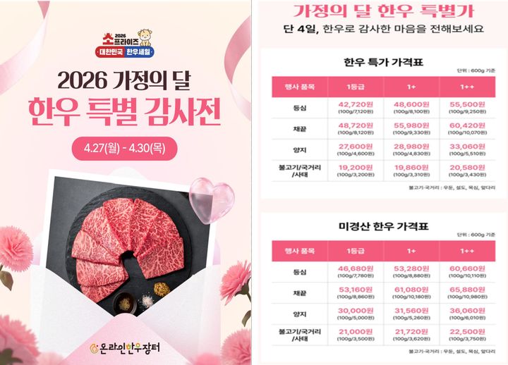 [세종=뉴시스] 농림축산식품부가 가정의 달을 맞아 최대 50%까지 할인을 지원하는 한우 할인행사를 실시한다고 26일 밝혔다. (자료 = 농식품부 제공) 2026.04.25. *재판매 및 DB 금지