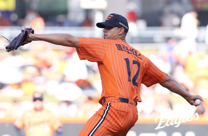 [서울=뉴시스] 프로야구 한화 이글스의 윌켈 에르난데스가 25일 대전 한화생명볼파크에서 열린 2026 신한 쏠 KBO리그 NC 다이노스와의 홈 경기에 선발 등판해 공을 던지고 있다. (사진=한화 이글스 제공) 2026.04.25.