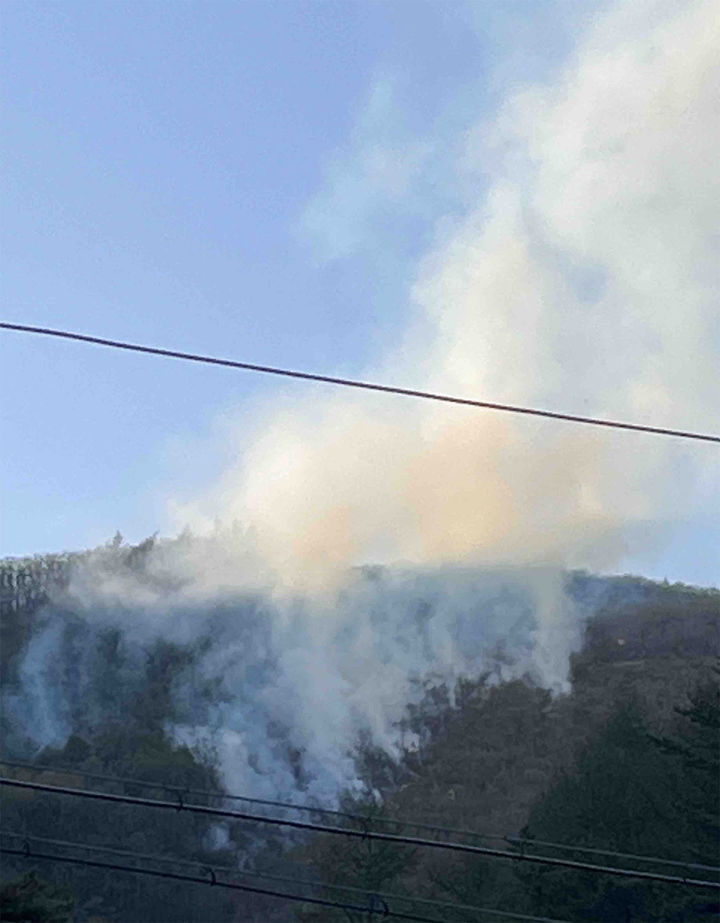 25일 오후 5시33분께 삼척시 하장면 숙암리 일대 국유림에서 산불이 발생해 연기가 솟구치고 있다.(사진=강원산불방지대책본부 제공)  *재판매 및 DB 금지