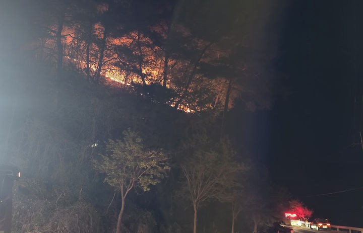 25일 밤 8시 59분께 영월군 무릉도원면 법흥리 산56-2번지 일대 국유림에서 산불이 발생해 산림당국이 진화에 나서고 있다.(사진=강원산불방지센터 제공) *재판매 및 DB 금지