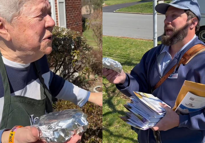 [서울=뉴시스] 안투아네트 지안카밀리 할머니(왼쪽)가 우편배달부 카일 프랭켄필드에게 샌드위치를 건네고 있다. (사진=인스타그램 @nonnanettaofficial 캡처) 2026.04.26. 