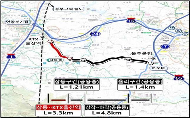 [울산=뉴시스] 울산시는 삼동~KTX울산역 도로 개설사업이 행정안전부의 지방재정 중앙투자 재심사를 통과함에 따라 본격적인 사업 추진에 들어간다고 27일 밝혔다. 사진은 위치도. (사진= 울산시 제공) 2026.04.27.photo@newsis.com *재판매 및 DB 금지