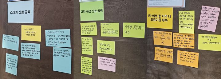 [영주=뉴시스]강진아 기자=지난 24일 경북 영주 적십자병원 앙리뒤낭홀에서 열린 의료혁신 지역순회 간담회. 정은경 보건복지부 장관과 영주·예천 등 지역 주민들 및 의료진들이 의료 개선방안을 적어 벽면에 붙였다. 2026.04.27. akang@newsis.com *재판매 및 DB 금지