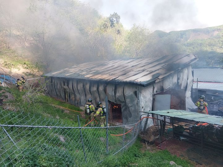 [진안=뉴시스] 26일 오후 4시6분께 전북 진안군 부귀면의 한 축사에서 불이 나 소방대원들이 불길을 잡고 있다. (사진=전북도소방본부 제공) 2026.04.26. photo@newsis.com *재판매 및 DB 금지