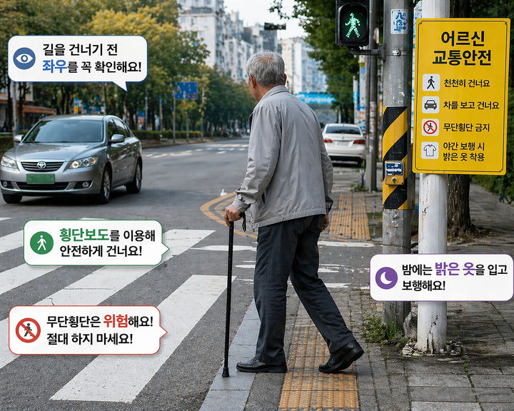 [성남=뉴시스] 고령 보행자의 교통사고 예방 수칙 AI 생성 이미지. (사진=성남시 제공) 2026.04.27. photo@newsis.com *재판매 및 DB 금지