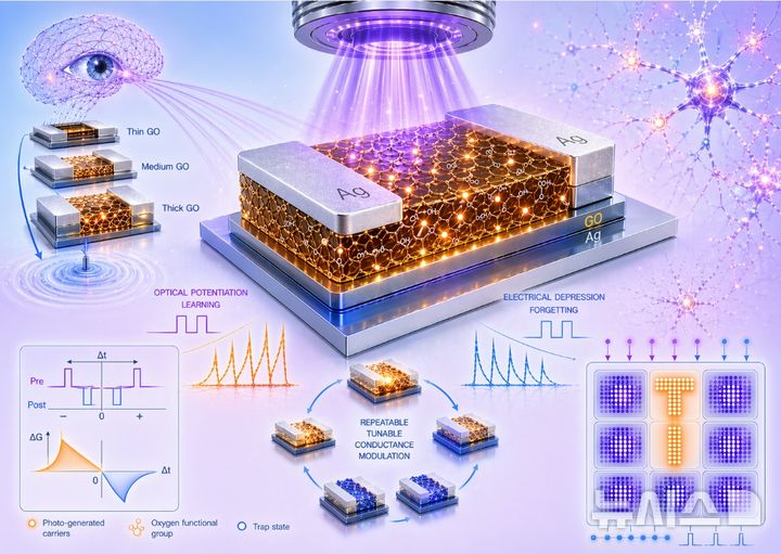 [시흥=뉴시스] 2차원 그래핀 산화무룰 반도체로 시각 신경모방 이미지. (이미지=한국공학대 제공). 2026.04.27. photo@newsis.com