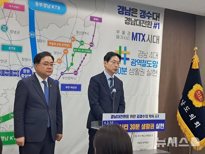 [창원=뉴시스]홍정명기자=김경수 더불어민주당 경남도지사 후보가 27일 오전 경남도의회 브리핑룸에서 '경남 대전환'을 위한 1호 공약으로 4대 광역철도망 중심의 부울경 메가시티 30분 생활권 구축 전략과 경남 교통 대전환 구상을 발표하고 있다. 2026.04.27. hjm@newsis.com