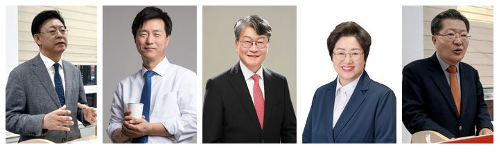 [대전=뉴시스] 왼쪽부터 6·3 대전시교육감 선거예비후보 등록을 한 맹수석, 성광진, 오석진, 정상신, 진동규 후보. (사진=가나다 순, 각후보 캠프 제공) 2026.05.02. photo@newsis.com *재판매 및 DB 금지