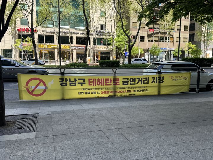 [서울=뉴시스] 김세은 인턴기자 = 24일 강남구 테헤란로에 걸린 금연거리 지정 현수막. 2026.04.24.