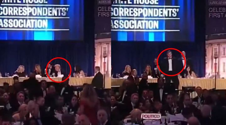 [서울=뉴시스] 도널드 트럼프 미국 대통령이 참석한 백악관 출입기자단 만찬 행사장에서 총성으로 추정되는 소동이 벌어진 가운데, 트럼프 대통령을 보호하기 위해 나선 경호원의 모습이 SNS에서 이목을 끌고 있다. (사진=X 갈무리) *재판매 및 DB 금지