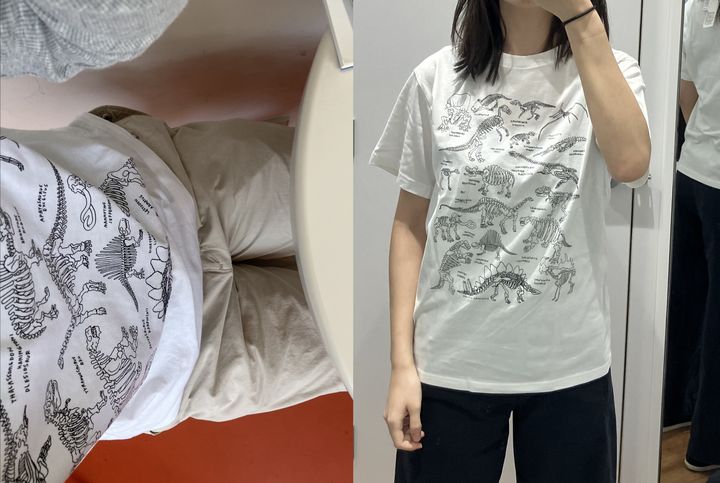 [서울=뉴시스] 김수빈 인턴기자 = 유니클로 동대문점에서 구매한 공룡 티셔츠 착용 사진. 2026.03.20. *재판매 및 DB 금지