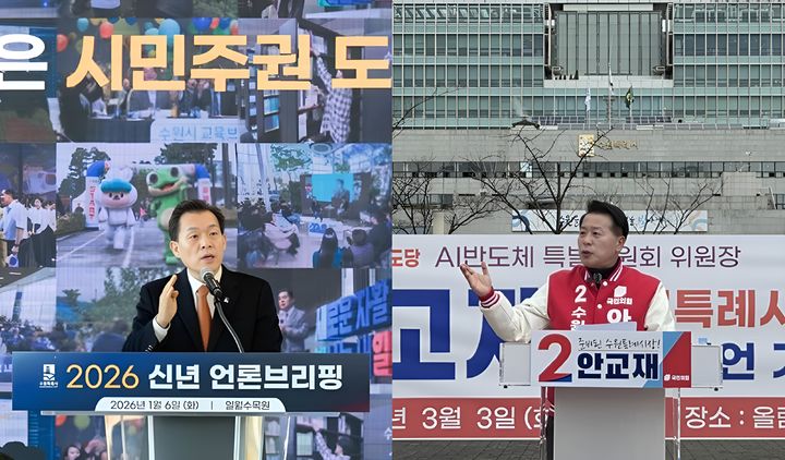 [수원=뉴시스] 이재준(사진 왼쪽) 경기 수원시장과 안교재 국민의힘 경기도당 AI반도체특별위원장. (사진=뉴시스DB) photo@newsis.com *재판매 및 DB 금지