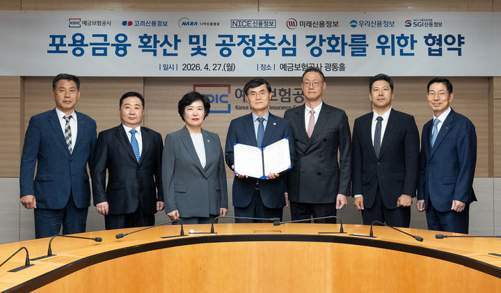 예금보험공사와 6개 신용정보사는 27일 예보 본사에서 '포용금융 확산 및 공정추심 강화를 위한 협약'을 체결했다. (왼쪽에서부터) 노태성 나이스신용정보 대표, 유진하 나라신용정보 대표, 정현옥 우리신용정보 대표, 김성식 예보 사장, 변현석 미래신용정보 대표, 윤태훈 고려신용정보 대표, 심성보 SGI신용정보 대표. (사진=예금보험공사 제공) *재판매 및 DB 금지