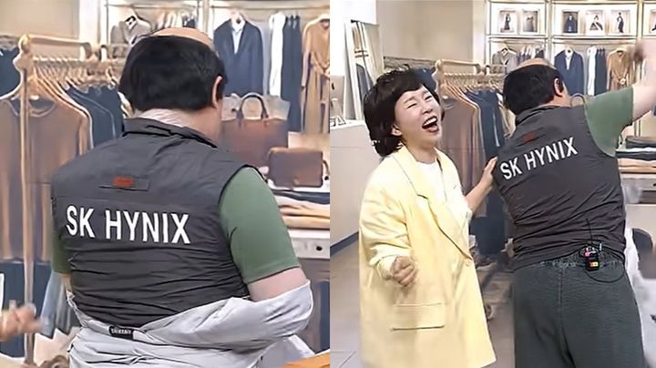 [서울=뉴시스] 'SK하이닉스' 로고가 선명하게 새겨진 조끼를 입은 남성이 시선을 끌며 옆에 있던 점원이 즐거운 듯 환하게 웃고 있다. (사진 출처=SNL코리아 유튜브 채널 캡처)