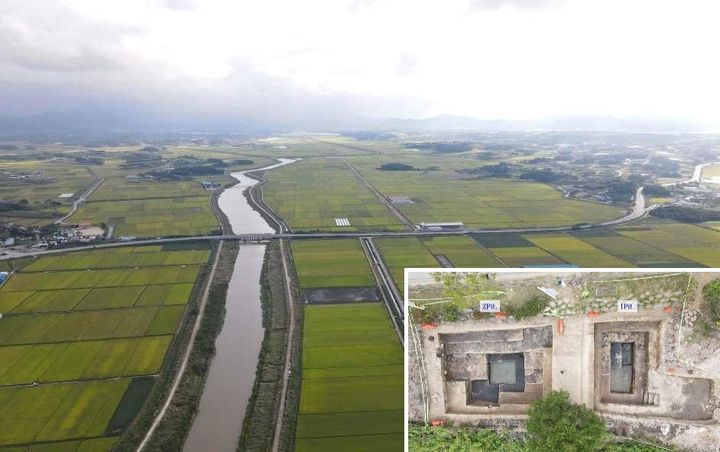 [정읍=뉴시스] 전북 정읍시가 '향토문화유산'으로 지정해 보호에 나선 '눌제', 사진 오른쪽 아래는 눌제 유적 발굴조사 현장. (사진=정읍시 제공) 2026.04.27. photo@newsis.com *재판매 및 DB 금지