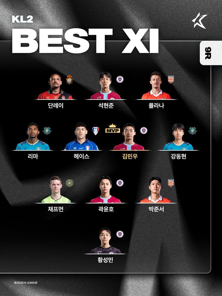 [서울=뉴시스] 프로축구 K리그2 2026시즌 9라운드 베스트일레븐 이미지. (사진=한국프로축구연맹 제공) 2026.04.28. photo@newsis.com *재판매 및 DB 금지