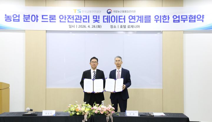 [세종=뉴시스]김철 농관원장과 정용식 한국교통안전공단(TS) 이사장이 28일 농업 분야 드론의 체계적인 안전관리 강화 및 항공방제업 신고 절차 간소화를 위한 업무협약(MOU)을 체결하고 기념촬영을 하고 있다. (사진=국림농산물품질관리원 제공) *재판매 및 DB 금지