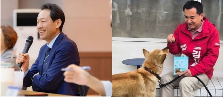 [춘천=뉴시스] 6.3지선 4월 선거 마지막 주인 28일 강원특별자치도지사 후보로 나선 더불어민주당 우상호 (사진 왼쪽)후보와 국민의힘 김진태 (사진 오른쪽)후보는 이날 춘천 지역에서 각각 도민들의 민심 잡기에 나섰다. 사진은 두 후보자 홍보팀 각각 제공. *재판매 및 DB 금지