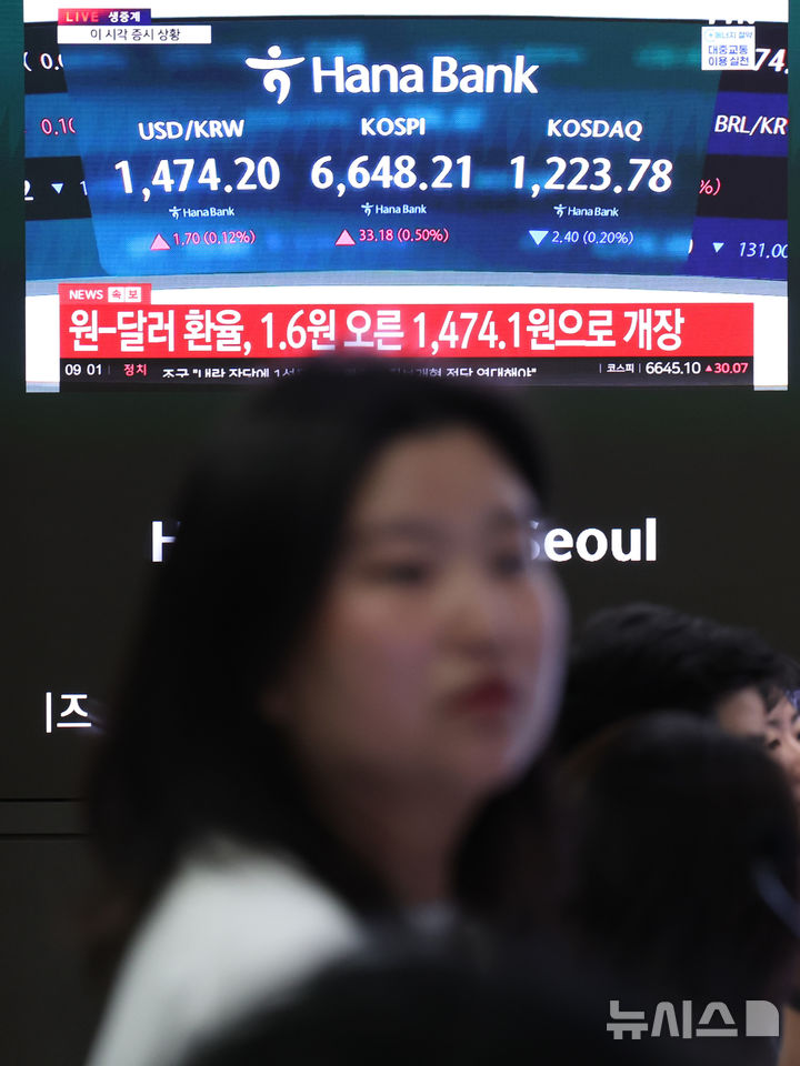 [서울=뉴시스] 최진석 기자 = 코스피가 전 거래일(6615.03)보다 31.77포인트(0.48%) 상승한 6646.80에 개장한 28일 서울 중구 하나은행 딜링룸에 코스피 관련 뉴스가 보이고 있다. 코스닥 지수는 전 거래일(1226.18)보다 0.58포인트(0.05%) 오른 1226.76에 거래를 시작했다. 서울 외환시장에서 원·달러 환율은 전 거래일 주간거래 종가(1472.5원)보다 1.6원 오른 1474.1원에 출발했다.2026.04.28. myjs@newsis.com