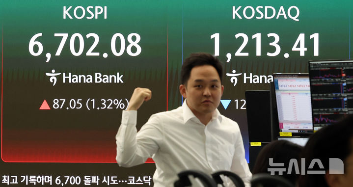 [서울=뉴시스] 최진석 기자 = 코스피가 전 거래일(6615.03)보다 31.77포인트(0.48%) 상승한 6646.80에 개장한 28일 서울 중구 하나은행 딜링룸에 코스피 시세가 보이고 있다. 코스닥 지수는 전 거래일(1226.18)보다 0.58포인트(0.05%) 오른 1226.76에 거래를 시작했다. 서울 외환시장에서 원·달러 환율은 전 거래일 주간거래 종가(1472.5원)보다 1.6원 오른 1474.1원에 출발했다.2026.04.28. myjs@newsis.com