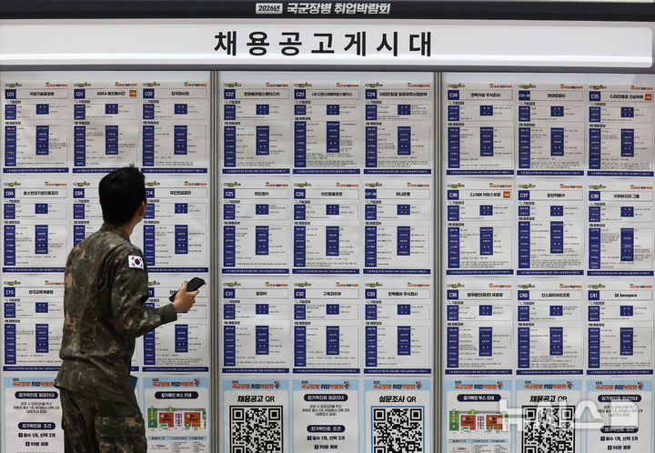 [고양=뉴시스] 배훈식 기자 = 2026년 국군장병 취업박람회가 열린 28일 오전 경기 고양시 킨텍스 행사장에서 장병들이 채용공고를 확인하고 있다. 2026.04.28. dahora83@newsis.com