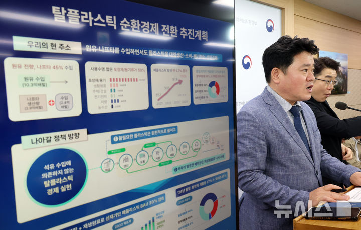 [세종=뉴시스] 강종민 기자 = 김고응 기후에너지환경부 자원순환국장이 28일 세종시 정부세종청사에서 탈플라스틱 순환경제 전환 추진계획을 설명하고 있다. 2026.04.28. ppkjm@newsis.com