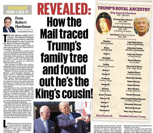 [서울=뉴시스] 도널드 트럼프 미국 대통령이 27일 자신의 소셜미디어 트루스소셜에 올린 자신과 찰스 3세 국왕이 사촌지간이라는 영국 데일리 메일 기사.(출처: 트루스소셜) 2026.04.29. *재판매 및 DB 금지