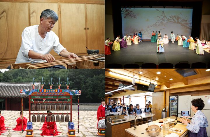 [서울=뉴시스] 지난해 국가무형유산 공개행사 모습. 왼쪽 위부터 시계 순으로 궁시장 유세현, 서도소리 김경배, 조선왕조궁중음식 한복려, 종묘제례악 (사진=국가유산진흥원 제공) 2026.04.29. photo@newsis.com *재판매 및 DB 금지