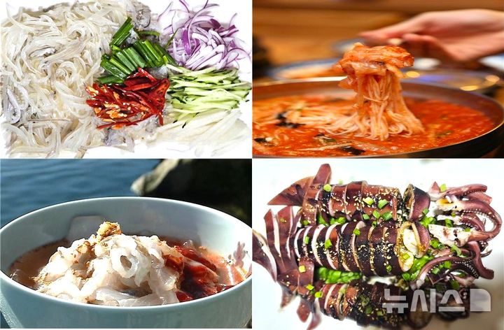 [포항=뉴시스] 포항의 별미로 물회(시계방향), 오징어회, 회국수, 오징어순대. (사진=뉴시스 DB). photo@newsis.com 