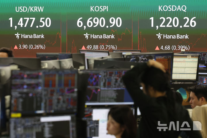 [서울=뉴시스] 권창회 기자 = 29일 오후 서울 중구 하나은행 딜링룸에서 딜러들이 업무를 보고 있다.코스피가 전 거래일보다 49.88포인트(0.75%) 오른 6690.90에 마감했다. 코스닥 지수는 전 거래일보다 4.68포인트(0.39%) 상승한 1220.26, 원·달러 환율은 전 거래일보다 5.4원 오른 1479.0원에 마감했다. 2026.04.29. kch0523@newsis.com