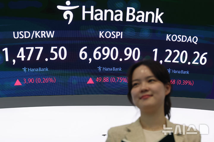 [서울=뉴시스] 권창회 기자 = 29일 오후 서울 중구 하나은행 딜링룸에서 딜러들이 업무를 보고 있다.코스피가 전 거래일보다 49.88포인트(0.75%) 오른 6690.90에 마감했다. 코스닥 지수는 전 거래일보다 4.68포인트(0.39%) 상승한 1220.26, 원·달러 환율은 전 거래일보다 5.4원 오른 1479.0원에 마감했다. 2026.04.29. kch0523@newsis.com