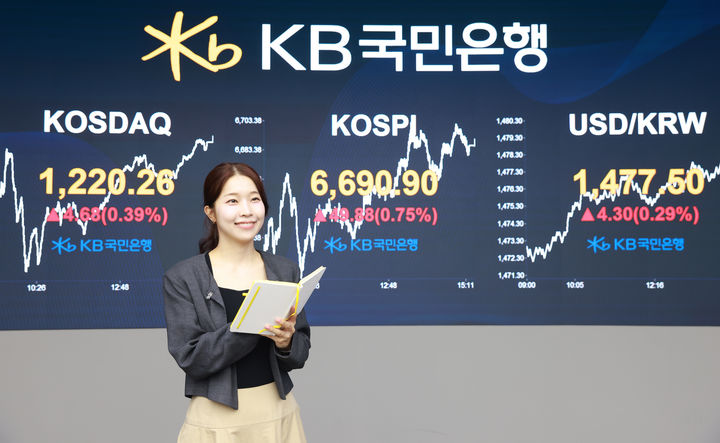 [서울=뉴시스] 정병혁 기자 = 29일 서울 영등포구 KB국민은행 딜링룸 전광판에 코스피 등 지수가 표시되어 있다. 이날 코스피는 전 거래일(6641.02)보다 49.88포인트(0.75%) 오른 6690.90에, 코스닥 지수는 전 거래일(1215.58)보다 4.68포인트(0.39%) 상승한 1220.26에 거래를 마쳤다.서울 외환시장에서 원·달러 환율은 전 거래일(1473.6원)보다 5.4원 오른 1479.0원에 주간 거래를 마감했다.(사진=KB국민은행 제공) 2026.04.29. photo@newsis.com *재판매 및 DB 금지