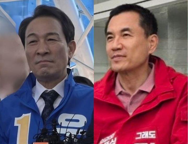 [춘천=뉴시스] 6·3지방선거 D-30일을 앞두고 강원도지사 선거가 더불어민주당 우상호 (사진 왼쪽)후보와 국민의힘 김진태 (사진 오른쪽)후보의 맞대결이 이번 전국 지방 선거 중에서도 가장 뜨겁고 치열한 승부처가 될 전망이다. syi23@newsis.com *재판매 및 DB 금지