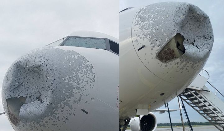 [서울=뉴시스] 폴란드에서 출발한 에어버스 여객기가 우박 폭풍을 통과하던 중 기체 손상으로 긴급 회항하는 일이 벌어졌다. (사진=LS 테크닉스 인스타그램 갈무리) *재판매 및 DB 금지