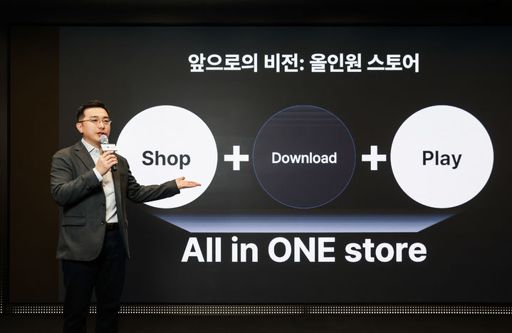 [서울=뉴시스] 박태영 원스토어 대표가 30일 서울 중구 SKT타워 수펙스홀에서 개최된 '원스토어 창립 10주년 기념 기자간담회'에서 ‘올인원 스토어’ 비전을 선포하고 있다. 2026.04.30. (사진=원스토어 제공) *재판매 및 DB 금지