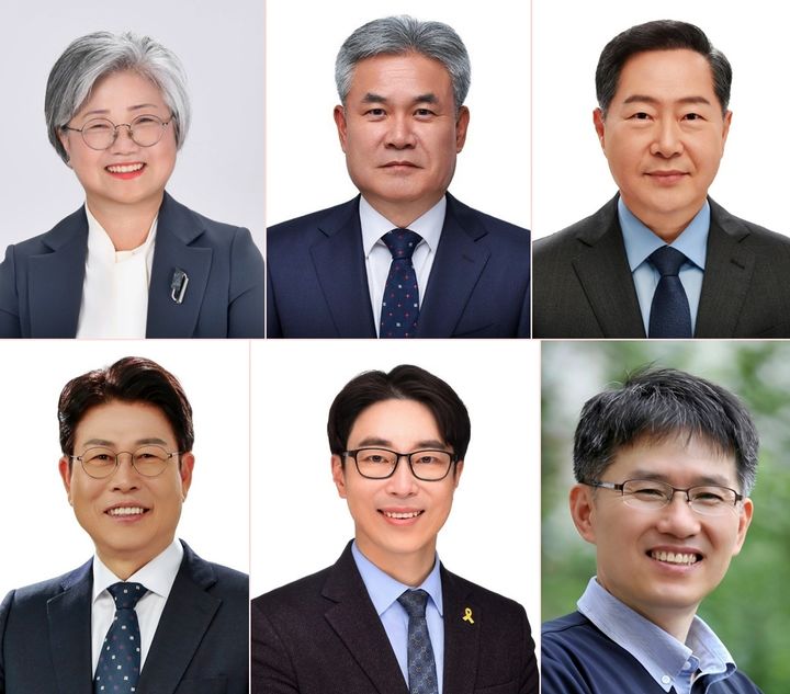 [세종=뉴시스] 송승화 기자 = (왼쪽 시계 방향)강미애, 안광식, 원성수, 임전수, 김승엽, 정일화 세종시교육감 예비후보. ssong1007@newsis.com *재판매 및 DB 금지