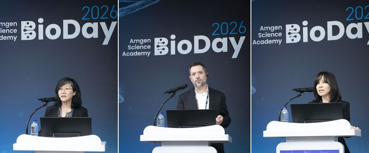 [서울=뉴시스] 왼쪽부터 암젠코리아 바이오데이에 연자로 나선 암젠 R&D 부서의 아이칭 림(Ai Ching Lim) 부사장, 앤디 랭킨(Andy Rankin) 전무, 사업개발 부서의 헬렌 킴(Helen Kim) 전무 (사진=암젠코리아 제공) 2026.5.2. photo@newsis.com *재판매 및 DB 금지