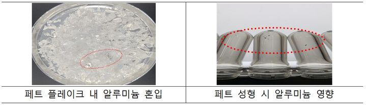[세종=뉴시스]캔시머로 인해 페트 재생원료 내 알루미늄이 혼입되고 페트 성형 시 문제가 유발된 사진이다.(사진=기후부 제공) *재판매 및 DB 금지