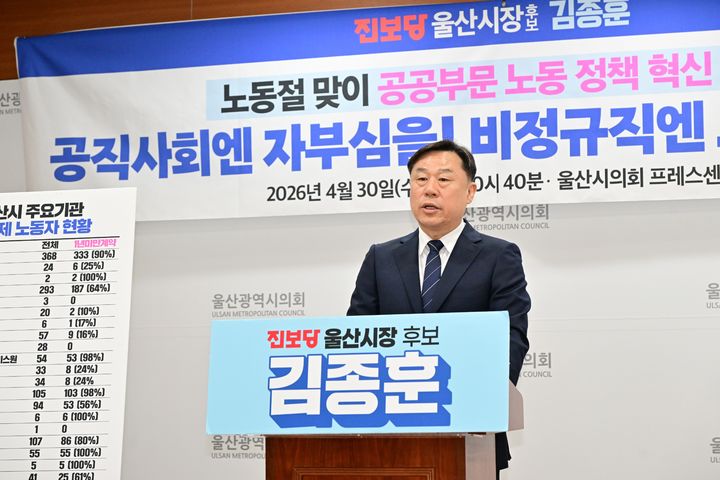 [울산=뉴시스] 진보당 김종훈 울산시장 후보가 30일 울산시의회 프레스센터에서 기자회견을 열고 공공 부문 노동정책 혁신방안을 발표하고 있다. (사진=울산시의회 제공) 2026.04.30. photo@newsis.com *재판매 및 DB 금지